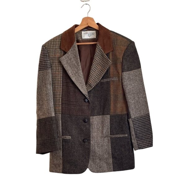 Vintage 90s Women Patchwork Wool Blazer Jacket Size 7/8 Dark Academia Old Money - Picture 1 of 15